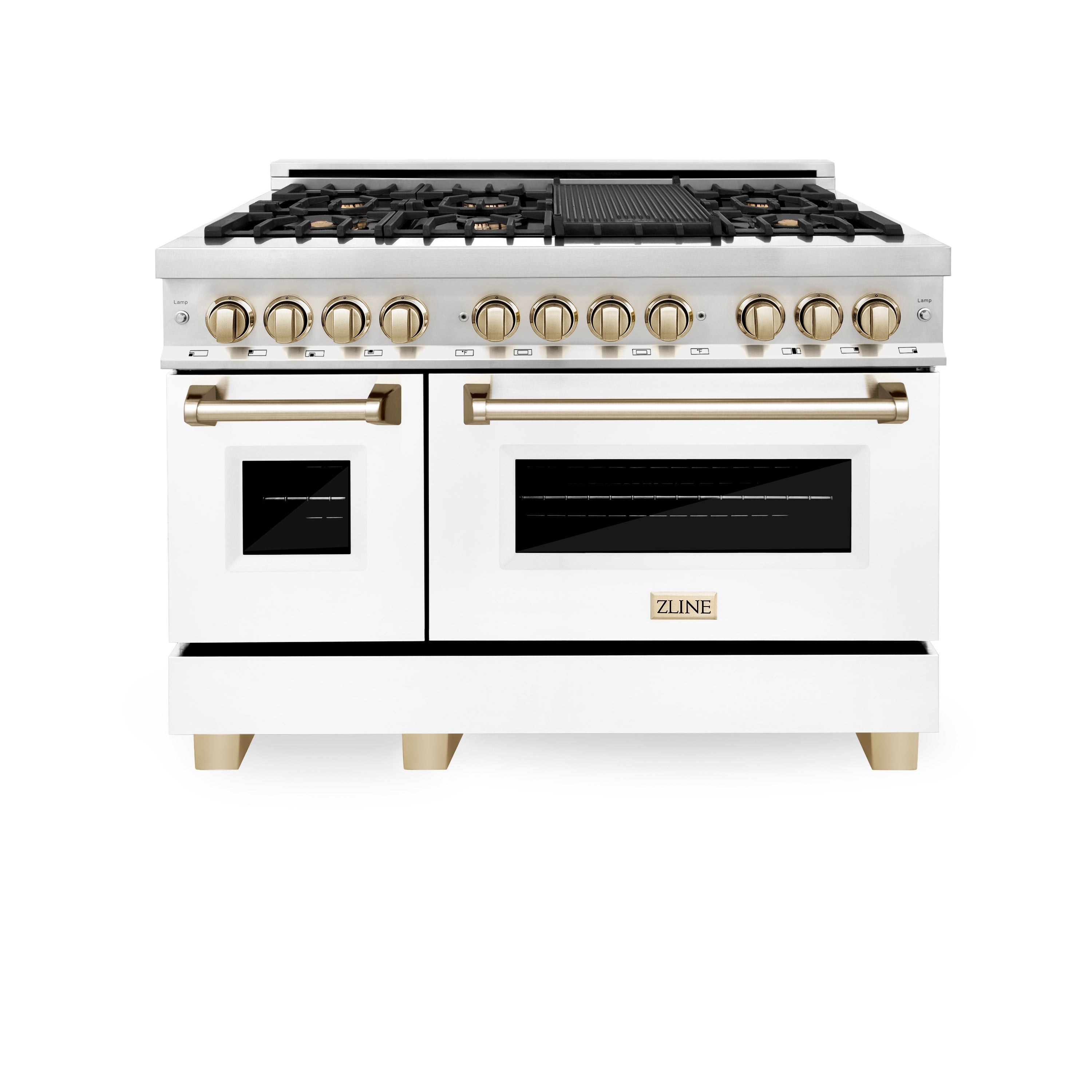 ZLINE 48 in. Autograph Edition Kitchen Package with Stainless Steel Dual Fuel Range with White Matte Door, Range Hood and Dishwasher with Polished Gold  Accents (3AKP-RAWMRHDWM48-G)