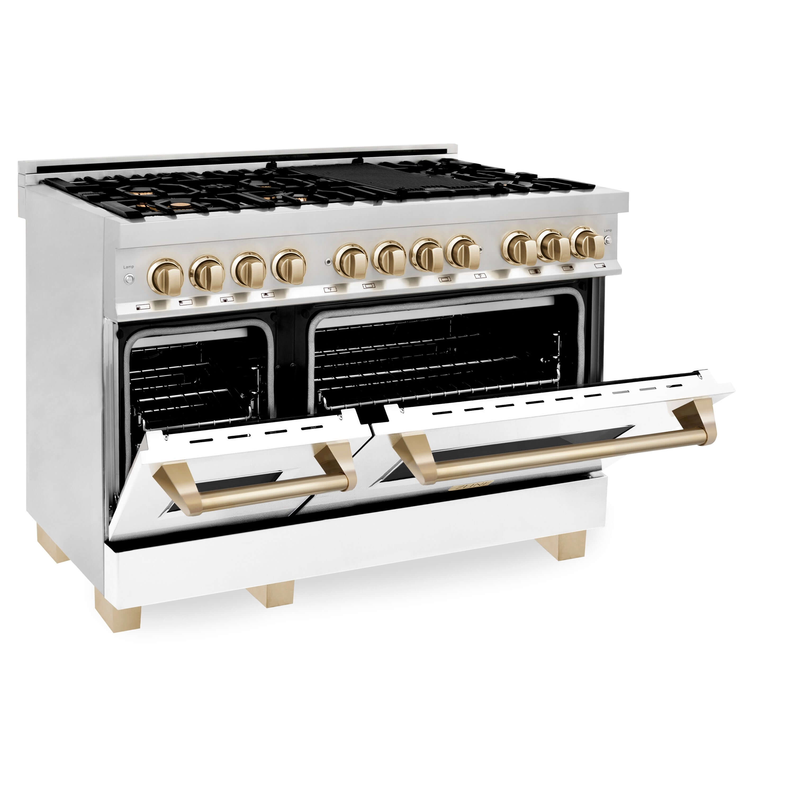 ZLINE Autograph Edition 48 in. Kitchen Package with Stainless Steel Dual Fuel Range with White Matte Door and Range Hood with Polished Gold Accents (2AKP-RAWMRH48-G)