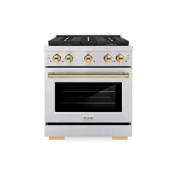 ZLINE Autograph Edition 30 in. 4.2 cu. ft. Paramount Dual Fuel Range with 4 Burner DuoPro™ Cooktop and Electric Convection Oven in Stainless Steel with Champagne Bronze Accents (PSDRZ-30-CB)