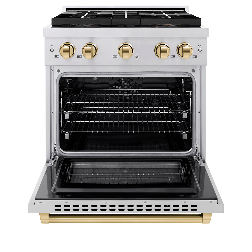 ZLINE Autograph Edition 30 in. 4.2 cu. ft. Paramount Dual Fuel Range with 4 Burner DuoPro™ Cooktop and Electric Convection Oven in Stainless Steel with Champagne Bronze Accents (PSDRZ-30-CB)