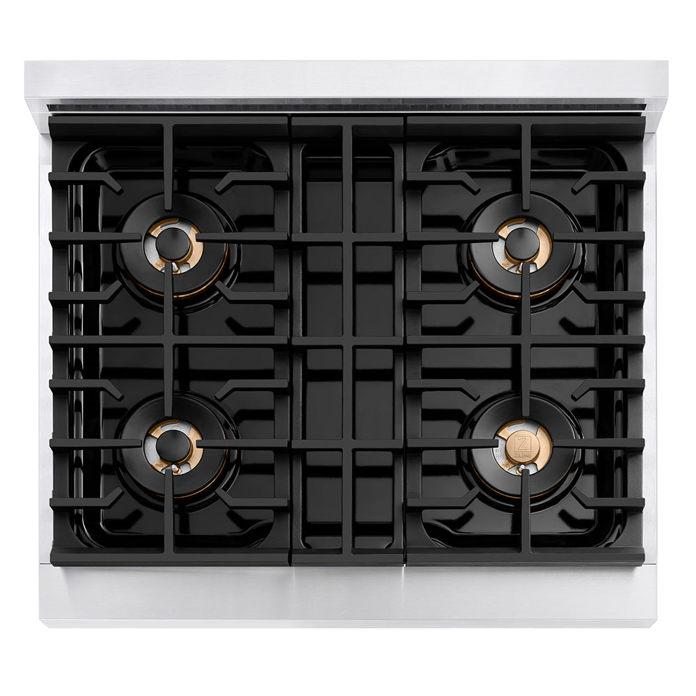 ZLINE Autograph Edition 30 in. 4.2 cu. ft. Paramount Dual Fuel Range with 4 Burner DuoPro™ Cooktop and Electric Convection Oven in Stainless Steel with Champagne Bronze Accents (PSDRZ-30-CB)