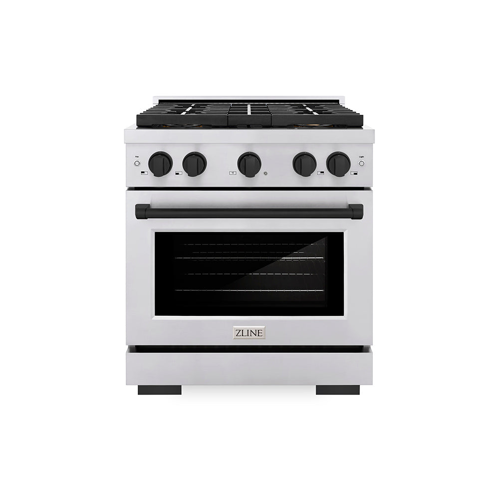 ZLINE Autograph Edition 30 in. 4.2 cu. ft. Paramount Dual Fuel Range with 4 Burner DuoPro™ Cooktop and Electric Convection Oven in Stainless Steel with Matte Black Accents (PSDRZ-30-MB)