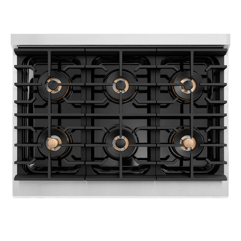 ZLINE Autograph Edition 36 in. 5.2 cu. ft. Paramount Dual Fuel Range with 6 Burner DuoPro™ Cooktop and Electric Convection Oven in Stainless Steel and Champagne Bronze Accents (PSDRZ-36-CB)