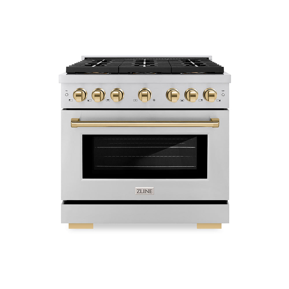 ZLINE Autograph Edition 36 in. 5.2 cu. ft. Paramount Dual Fuel Range with 6 Burner DuoPro™ Cooktop and Electric Convection Oven in Stainless Steel and Polished Gold Accents (PSDRZ-36-G)
