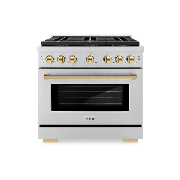 ZLINE Autograph Edition 36 in. 5.2 cu. ft. Paramount Dual Fuel Range with 6 Burner DuoPro™ Cooktop and Electric Convection Oven in Stainless Steel and Polished Gold Accents (PSDRZ-36-G)