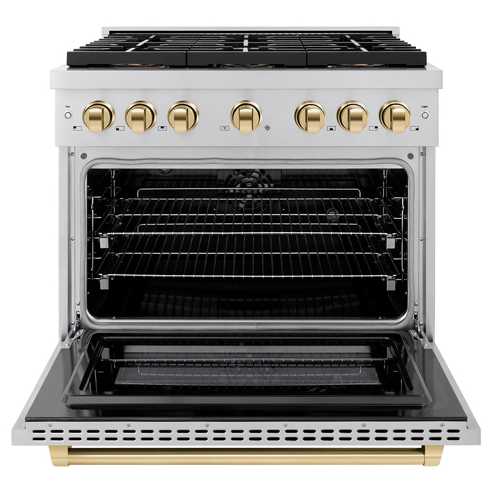 ZLINE Autograph Edition 36 in. 5.2 cu. ft. Paramount Dual Fuel Range with 6 Burner DuoPro™ Cooktop and Electric Convection Oven in Stainless Steel and Polished Gold Accents (PSDRZ-36-G)
