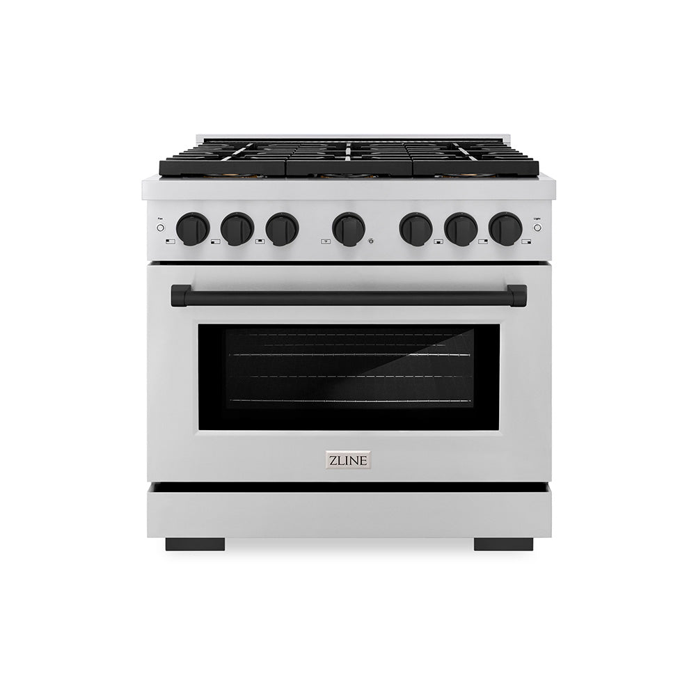 ZLINE Autograph Edition 36 in. 5.2 cu. ft. Paramount Dual Fuel Range with 6 Burner DuoPro™ Cooktop and Electric Convection Oven in Stainless Steel and Matte Black Accents (PSDRZ-36-MB)