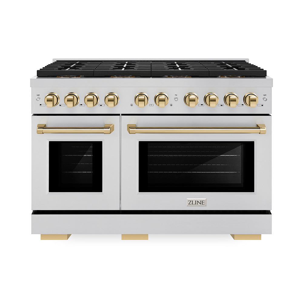 ZLINE Autograph Edition 48 in. 6.7 cu. ft. Paramount Dual Fuel Range with 8 Burner DuoPro™ Cooktop and Dual Ovens in Stainless Steel and Polished Gold Accents (PSDRZ-48-G)