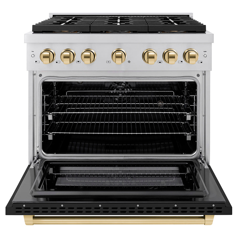ZLINE Autograph Edition 36 in. 5.2 cu. ft. Paramount Dual Fuel Range with 6 Burner DuoPro™ Cooktop and Electric Convection Oven with Black Matte Door and Polished Gold Accents (PSDRZ-BLM-36-G)