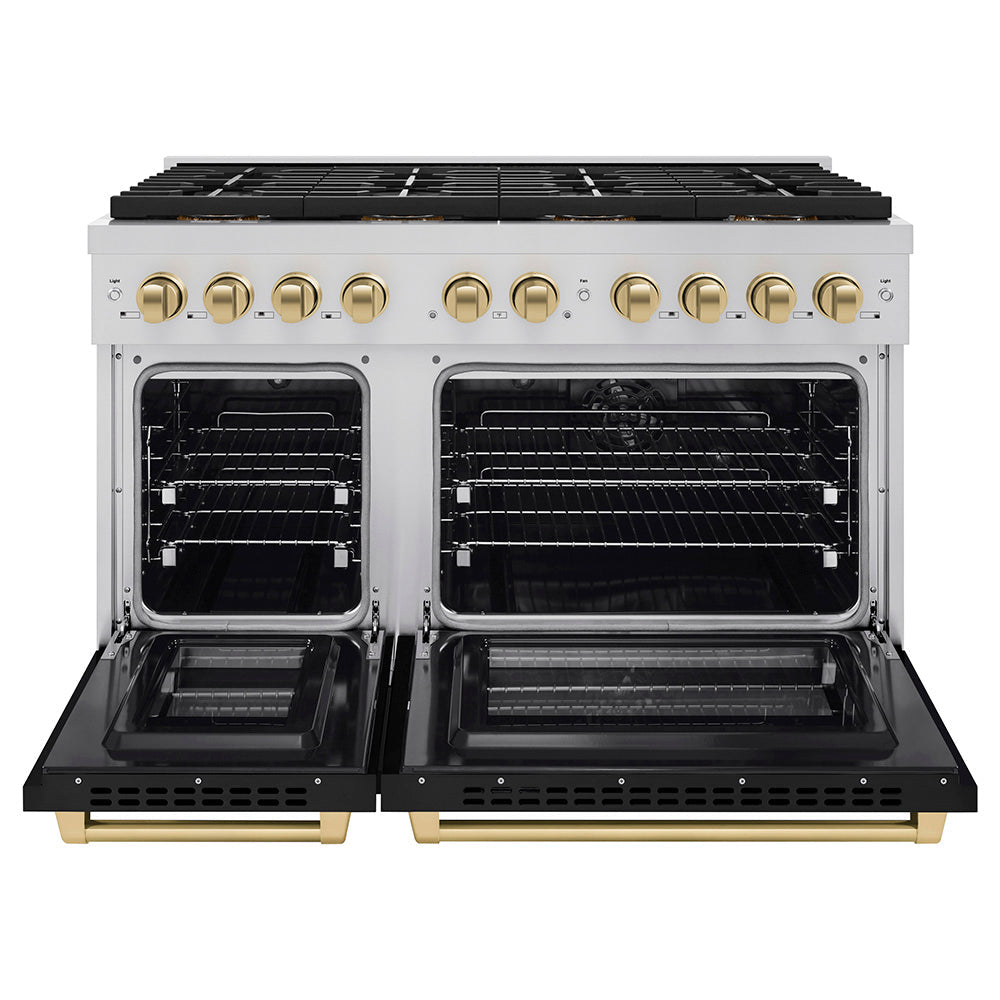 ZLINE Autograph Edition 48 in. 6.7 cu. ft. Paramount Dual Fuel Range with 8 Burner DuoPro™ Cooktop and Dual Ovens with Black Matte Doors and Champagne Bronze Accents (PSDRZ-BLM-48-CB)