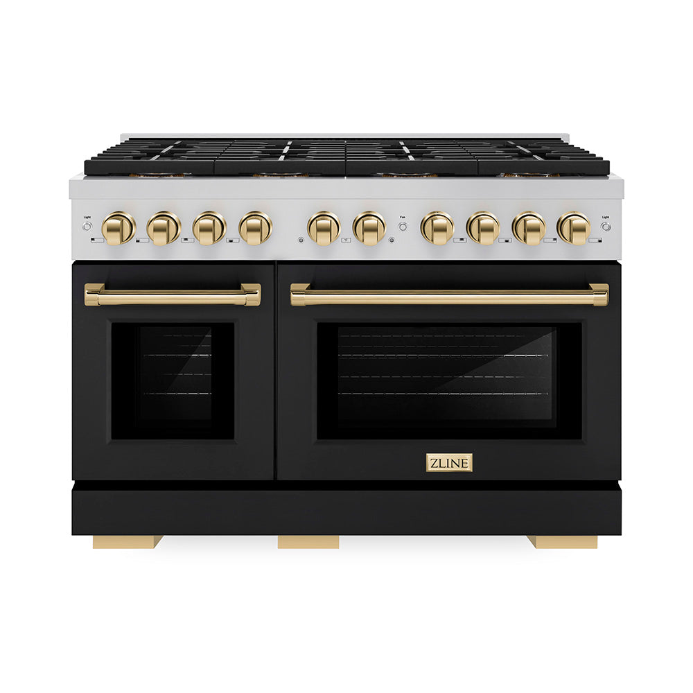 ZLINE Autograph Edition 48 in. 6.7 cu. ft. Paramount Dual Fuel Range with 8 Burner DuoPro™ Cooktop and Dual Ovens with Black Matte Doors and Polished Gold Accents (PSDRZ-BLM-48-G)