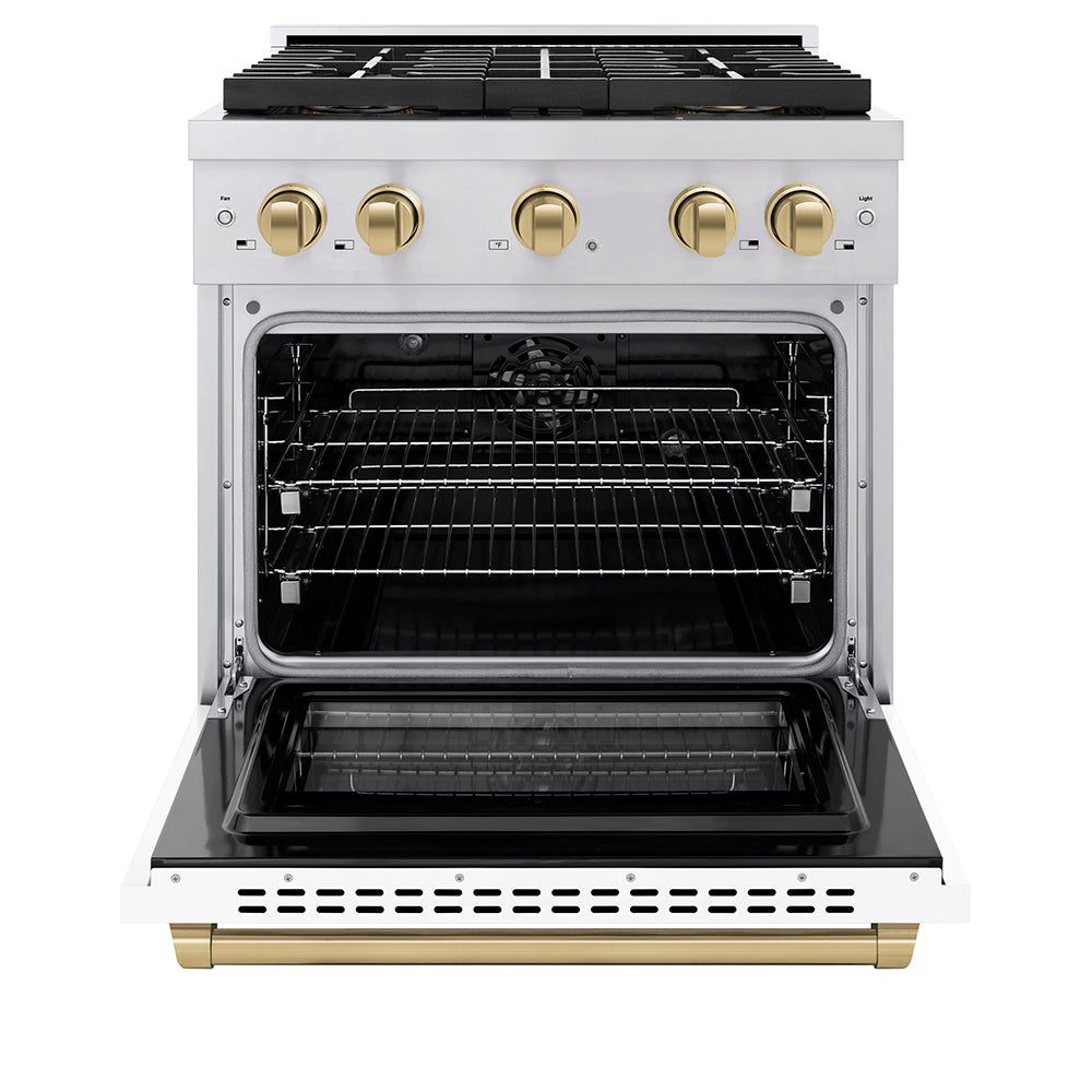 ZLINE Autograph Edition 30 in. 4.2 cu. ft. Paramount Dual Fuel Range with 4 Burner DuoPro™ Cooktop and Electric Convection Oven in Stainless Steel with White Matte Door and Champagne Bronze Accents (PSDRZ-WM-30-CB)