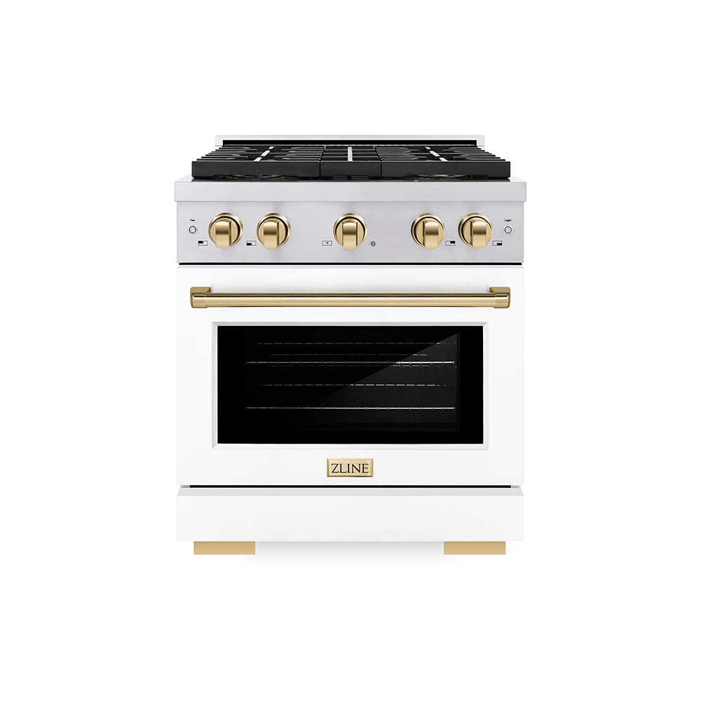 ZLINE Autograph Edition 30 in. 4.2 cu. ft. Paramount Dual Fuel Range with 4 Burner DuoPro™ Cooktop and Electric Convection Oven in Stainless Steel with White Matte Door and Polished Gold Accents (PSDRZ-WM-30-G)