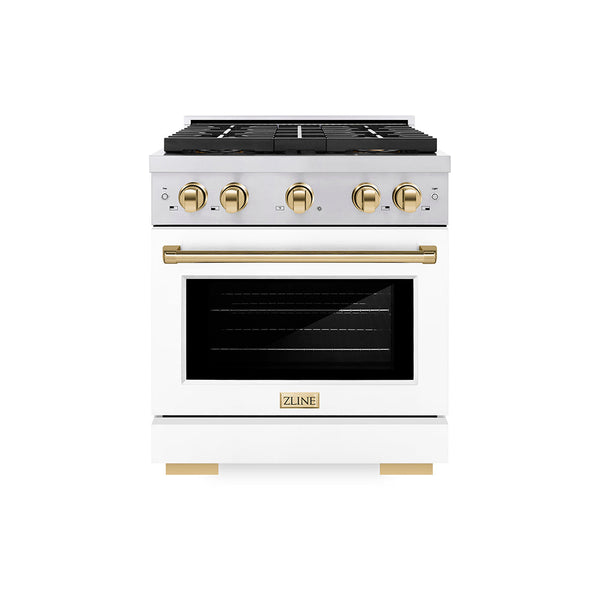 ZLINE Autograph Edition 30 in. 4.2 cu. ft. Paramount Dual Fuel Range with 4 Burner DuoPro™ Cooktop and Electric Convection Oven in Stainless Steel with White Matte Door and Polished Gold Accents (PSDRZ-WM-30-G)