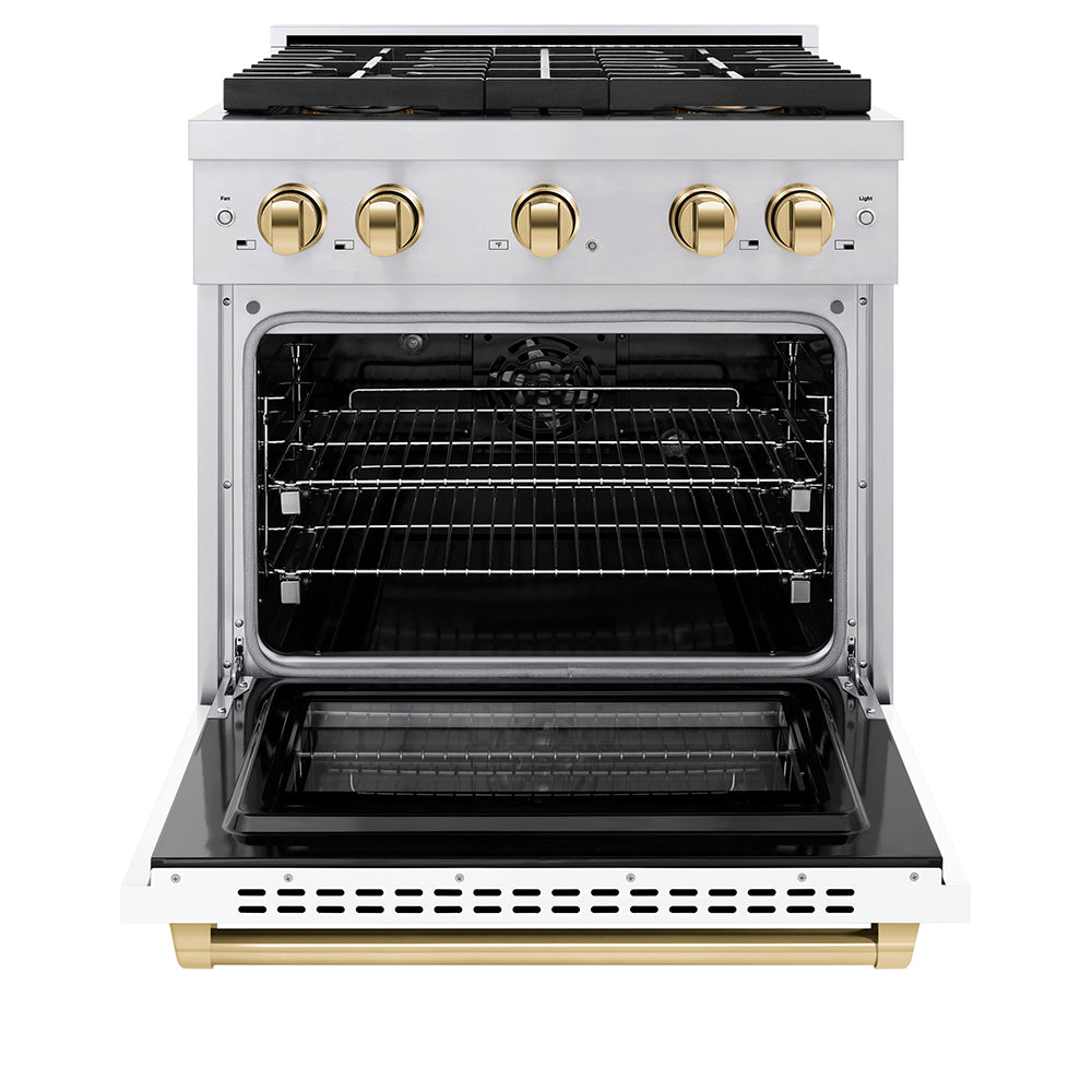 ZLINE Autograph Edition 30 in. 4.2 cu. ft. Paramount Dual Fuel Range with 4 Burner DuoPro™ Cooktop and Electric Convection Oven in Stainless Steel with White Matte Door and Polished Gold Accents (PSDRZ-WM-30-G)