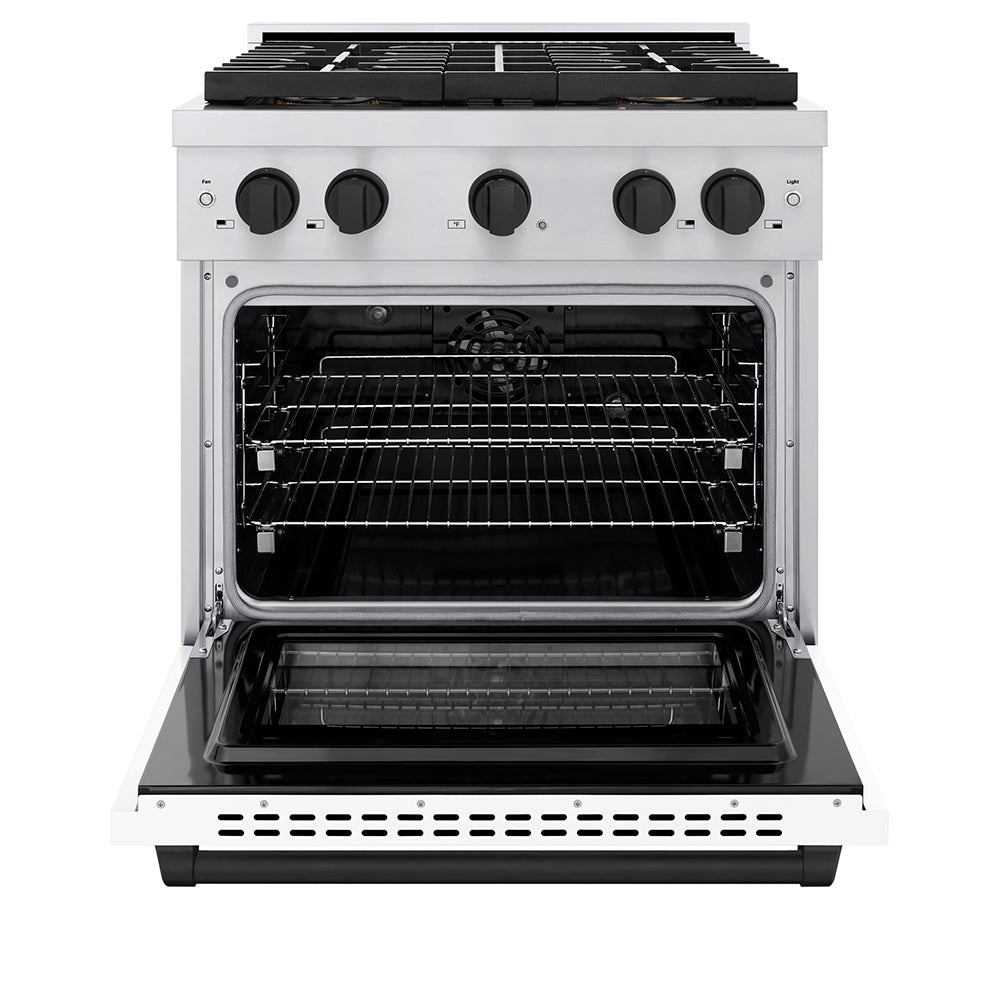ZLINE Autograph Edition 30 in. 4.2 cu. ft. Paramount Dual Fuel Range with 4 Burner DuoPro™ Cooktop and Electric Convection Oven in Stainless Steel with White Matte Door and Matte Black Accents (PSDRZ-WM-30-MB)