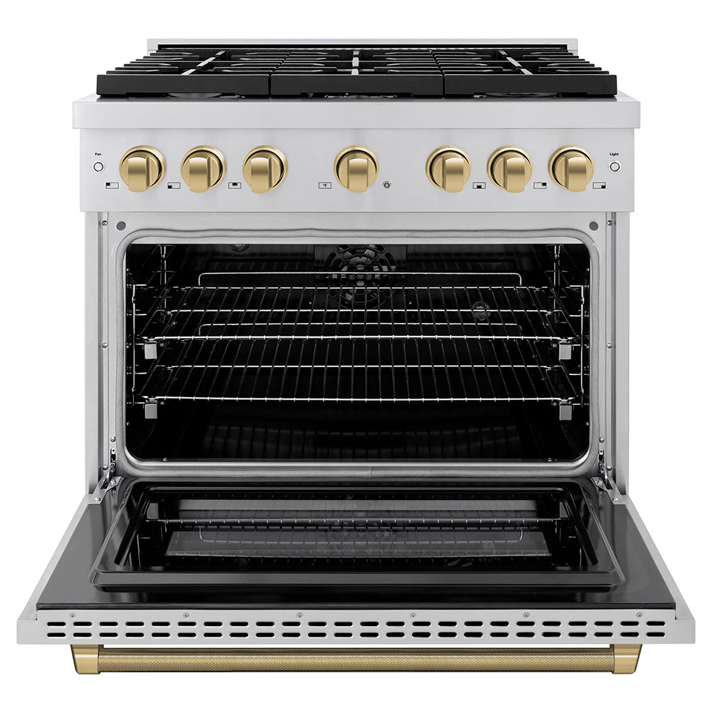 ZLINE Autograph Edition 36 in. 5.2 cu. ft. Paramount Dual Fuel Range with 6 Burner Gas Cooktop and Electric Convection Oven in Stainless Steel with Champagne Bronze Helix Handle and Knob Accents (SDRZ-36-KCB)