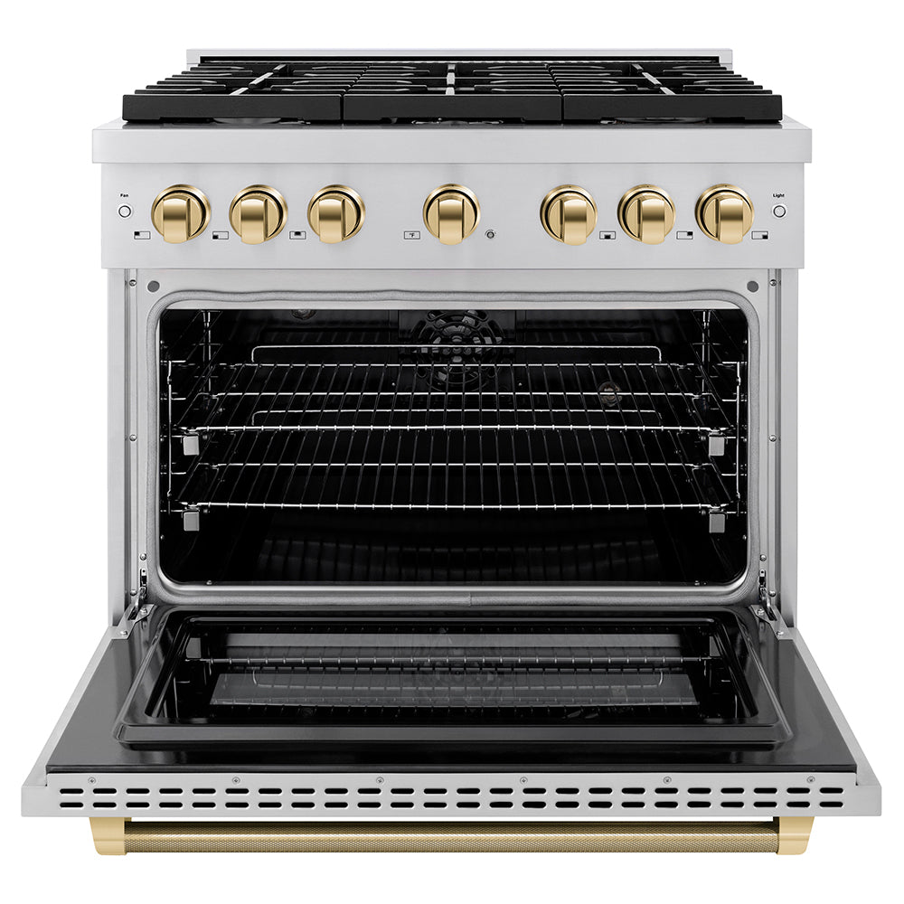 ZLINE Autograph Edition 36 in. 5.2 cu. ft. Paramount Dual Fuel Range with 6 Burner Gas Cooktop and Electric Convection Oven in Stainless Steel with Polished Gold Helix Handle and Knob Accents (SDRZ-36-KG)