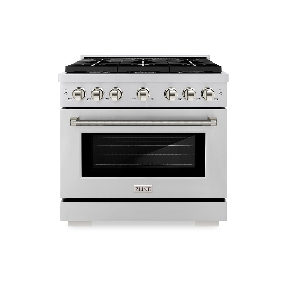 ZLINE Autograph Edition 36 in. 5.2 cu. ft. Paramount Dual Fuel Range with 6 Burner Gas Cooktop and Electric Convection Oven in Stainless Steel with Polished Nickel Helix Handle and Knob Accents (SDRZ-36-KPN)
