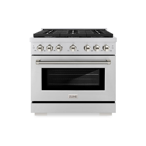 ZLINE Autograph Edition 36 in. 5.2 cu. ft. Paramount Dual Fuel Range with 6 Burner Gas Cooktop and Electric Convection Oven in Stainless Steel with Polished Nickel Helix Handle and Knob Accents (SDRZ-36-KPN)