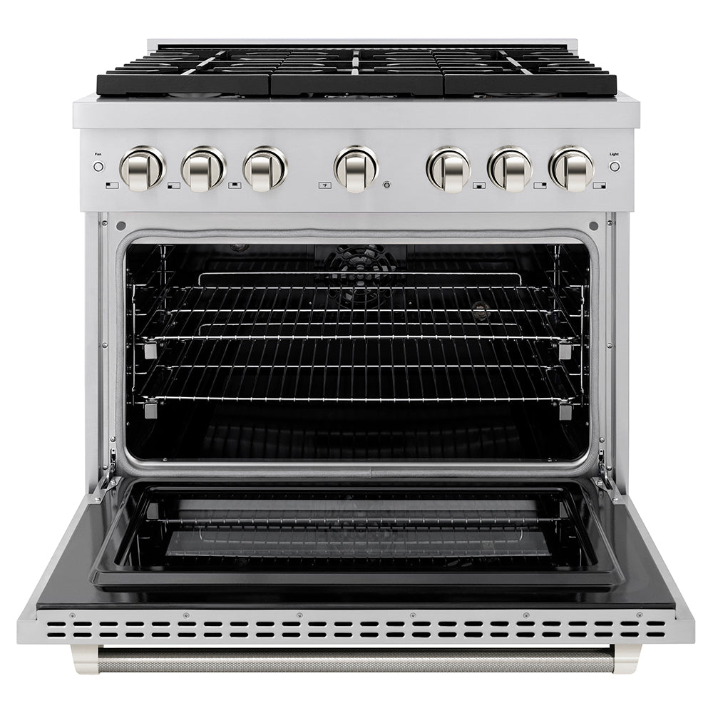 ZLINE Autograph Edition 36 in. 5.2 cu. ft. Paramount Dual Fuel Range with 6 Burner Gas Cooktop and Electric Convection Oven in Stainless Steel with Polished Nickel Helix Handle and Knob Accents (SDRZ-36-KPN)