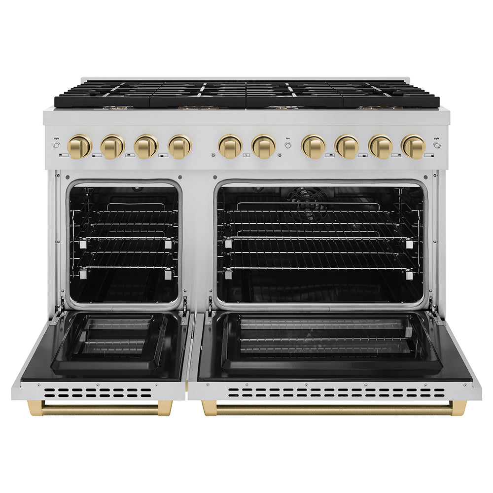 ZLINE Autograph Edition 48 in. 6.7 cu. ft. Paramount Double Oven Dual Fuel Range with 8 Burner Gas Cooktop in Stainless Steel and Champagne Bronze Helix Handles and Knob Accents (SDRZ-48-KCB)