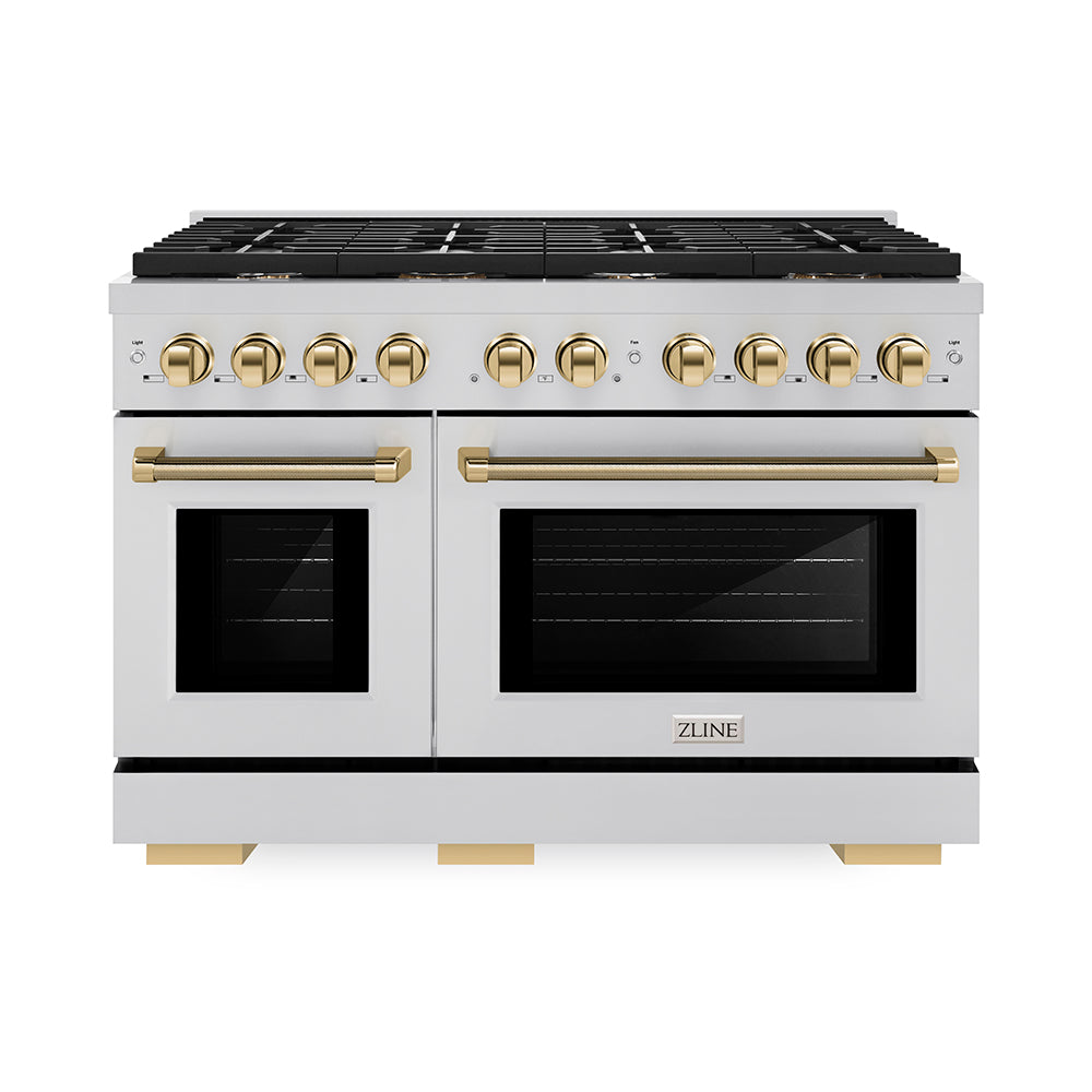 ZLINE Autograph Edition 48 in. 6.7 cu. ft. Paramount Double Oven Dual Fuel Range with 8 Burner Gas Cooktop in Stainless Steel and Polished Gold Helix Handles and Knob Accents (SDRZ-48-KG)