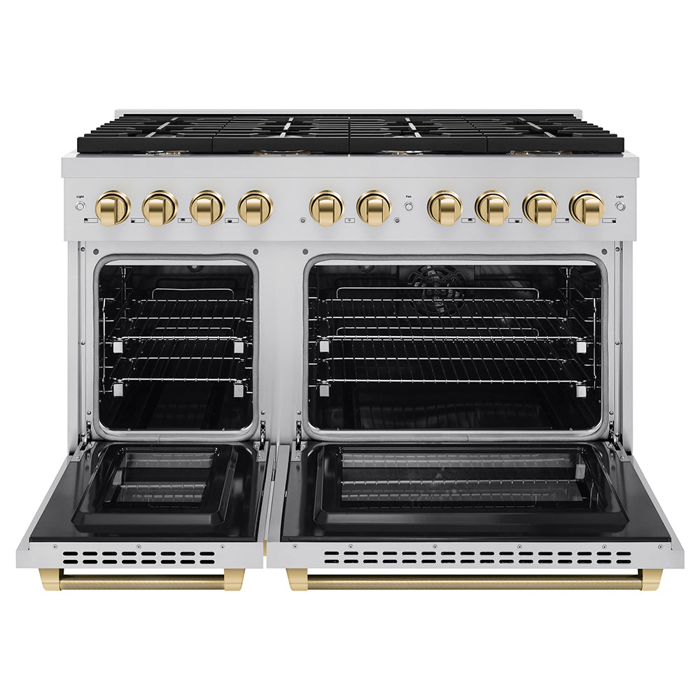 ZLINE Autograph Edition 48 in. 6.7 cu. ft. Paramount Double Oven Dual Fuel Range with 8 Burner Gas Cooktop in Stainless Steel and Polished Gold Helix Handles and Knob Accents (SDRZ-48-KG)