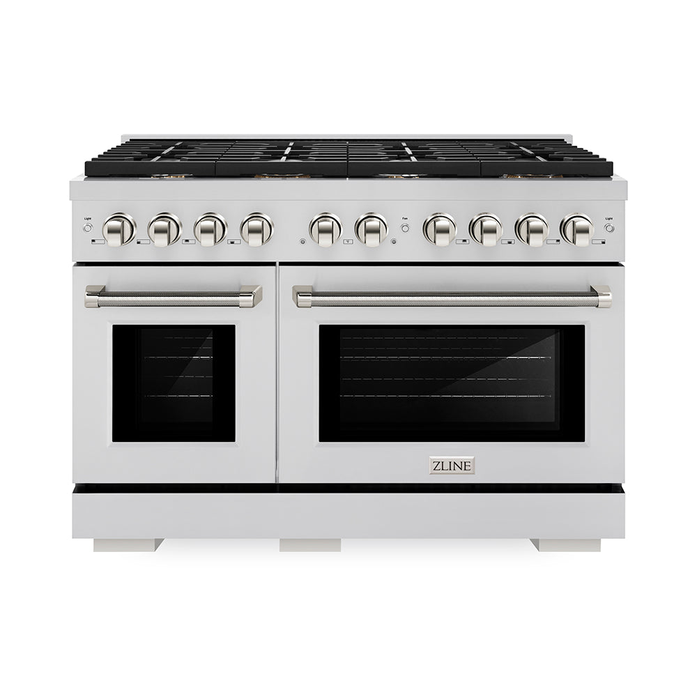 ZLINE Autograph Edition 48 in. 6.7 cu. ft. Paramount Double Oven Dual Fuel Range with 8 Burner Gas Cooktop in Stainless Steel and Polished Nickel Helix Handles and Knob Accents (SDRZ-48-KPN)