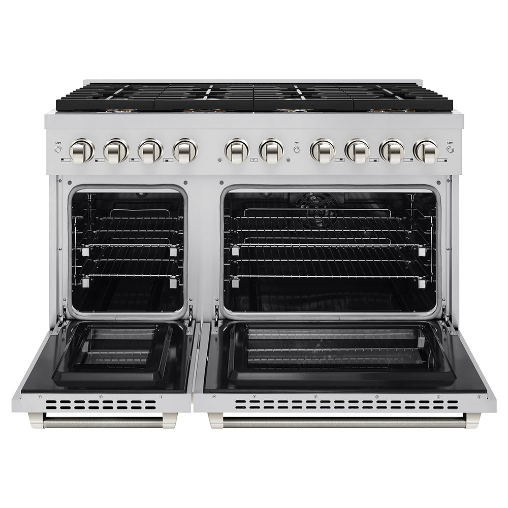 ZLINE Autograph Edition 48 in. 6.7 cu. ft. Paramount Double Oven Dual Fuel Range with 8 Burner Gas Cooktop in Stainless Steel and Polished Nickel Helix Handles and Knob Accents (SDRZ-48-KPN)