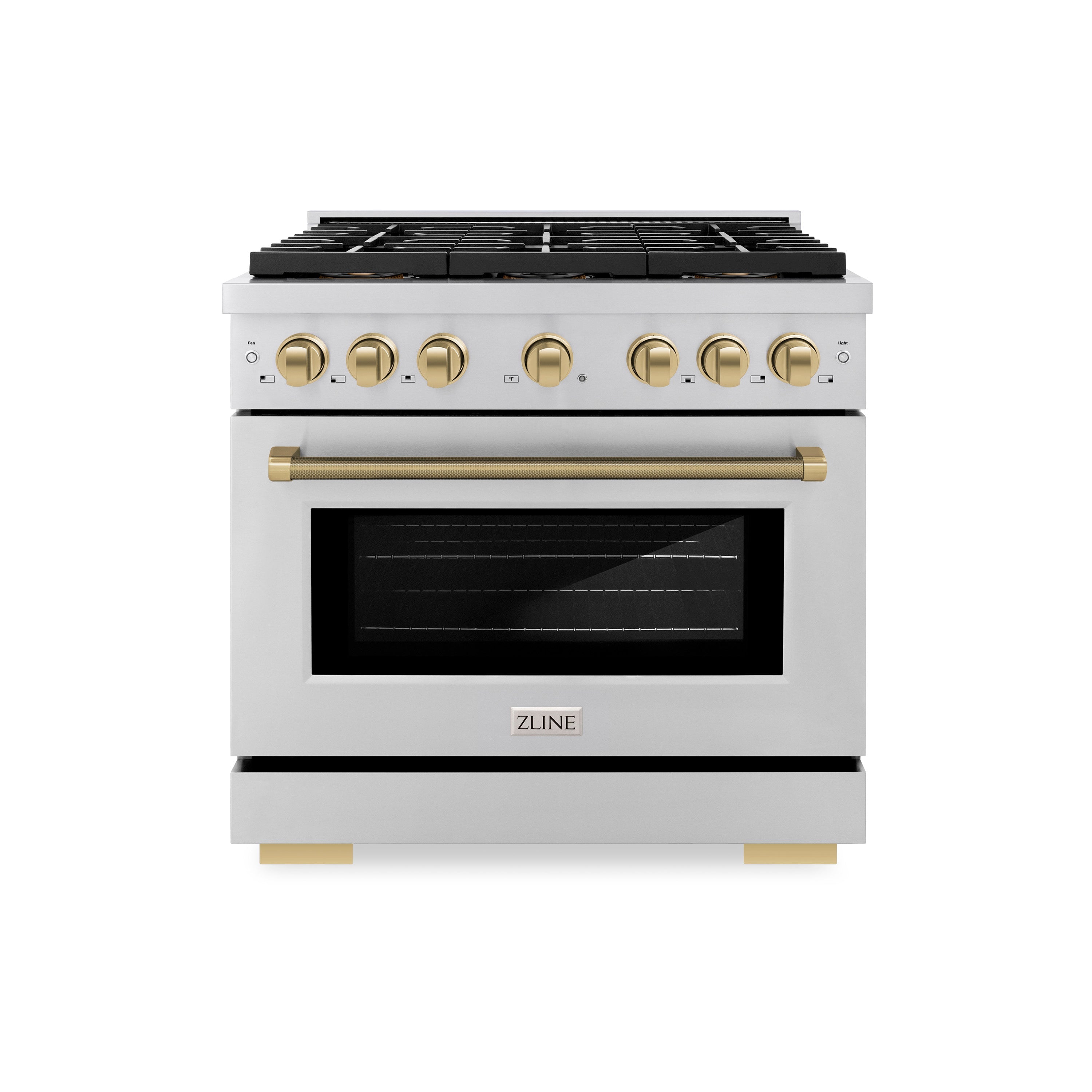 ZLINE Autograph Edition 36 in. 5.2 cu. ft. Paramount Dual Fuel Range with 6 Burner DuoPro™ Cooktop and Electric Convection Oven in Stainless Steel with Champagne Bronze Helix Handle and Accents (PSDRZ-36-KCB)