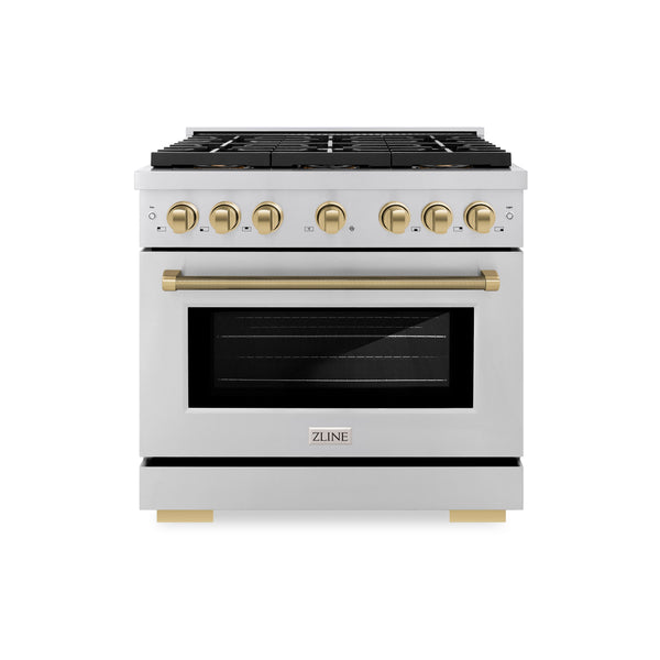 ZLINE Autograph Edition 36 in. 5.2 cu. ft. Paramount Dual Fuel Range with 6 Burner DuoPro™ Cooktop and Electric Convection Oven in Stainless Steel with Champagne Bronze Helix Handle and Accents (PSDRZ-36-KCB)