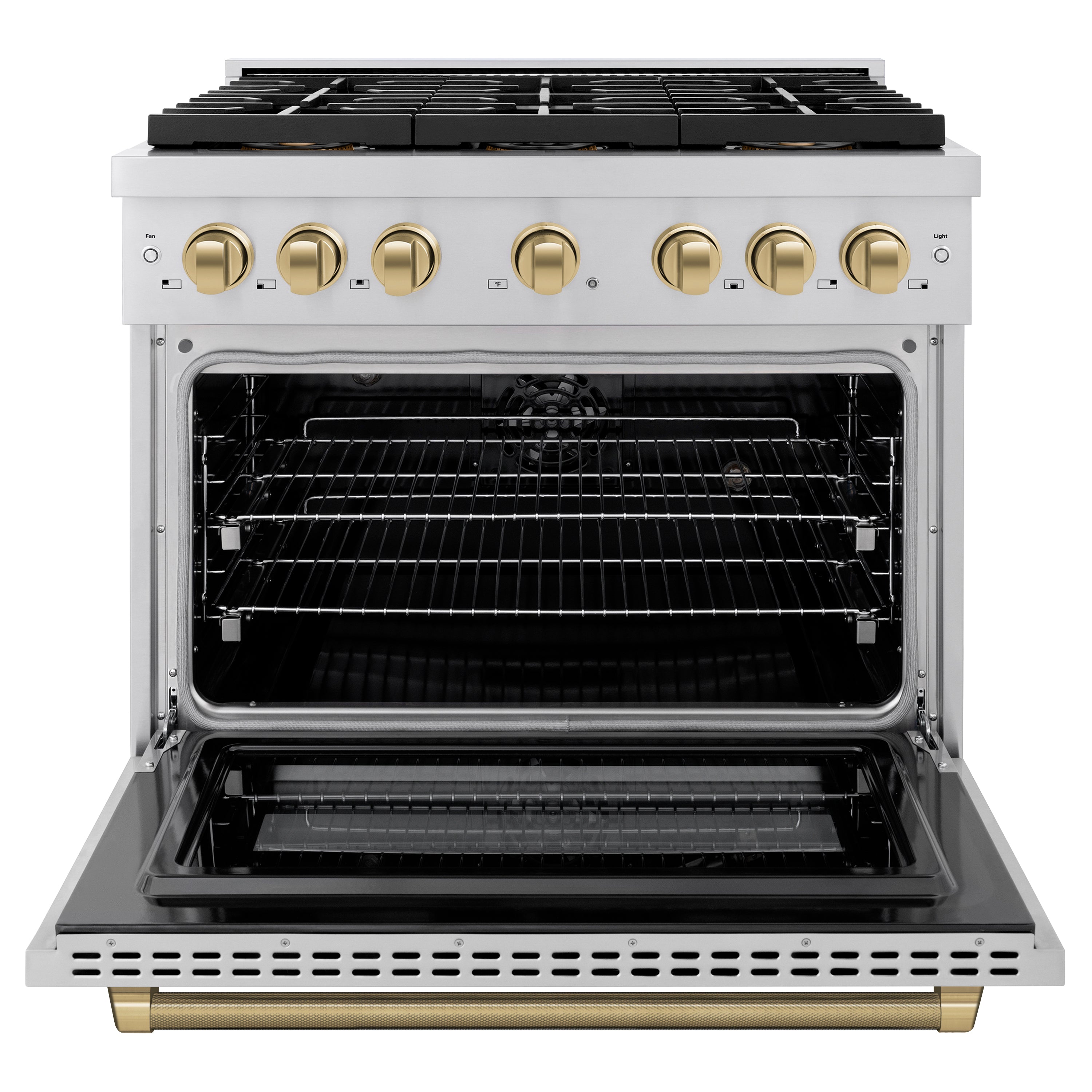 ZLINE Autograph Edition 36 in. 5.2 cu. ft. Paramount Dual Fuel Range with 6 Burner DuoPro™ Cooktop and Electric Convection Oven in Stainless Steel with Champagne Bronze Helix Handle and Accents (PSDRZ-36-KCB)