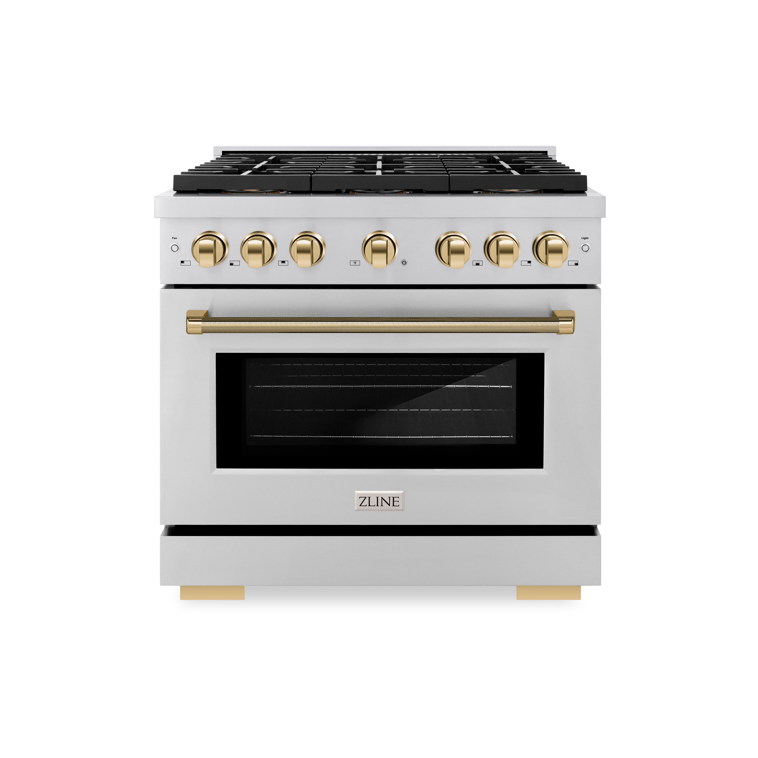 ZLINE Autograph Edition 36 in. 5.2 cu. ft. Paramount Dual Fuel Range with 6 Burner DuoPro™ Cooktop and Electric Convection Oven in Stainless Steel with Polished Gold Helix Handle and Accents (PSDRZ-36-KG)