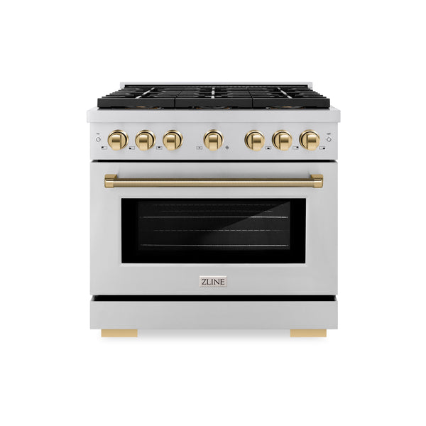 ZLINE Autograph Edition 36 in. 5.2 cu. ft. Paramount Dual Fuel Range with 6 Burner DuoPro™ Cooktop and Electric Convection Oven in Stainless Steel with Polished Gold Helix Handle and Accents (PSDRZ-36-KG)