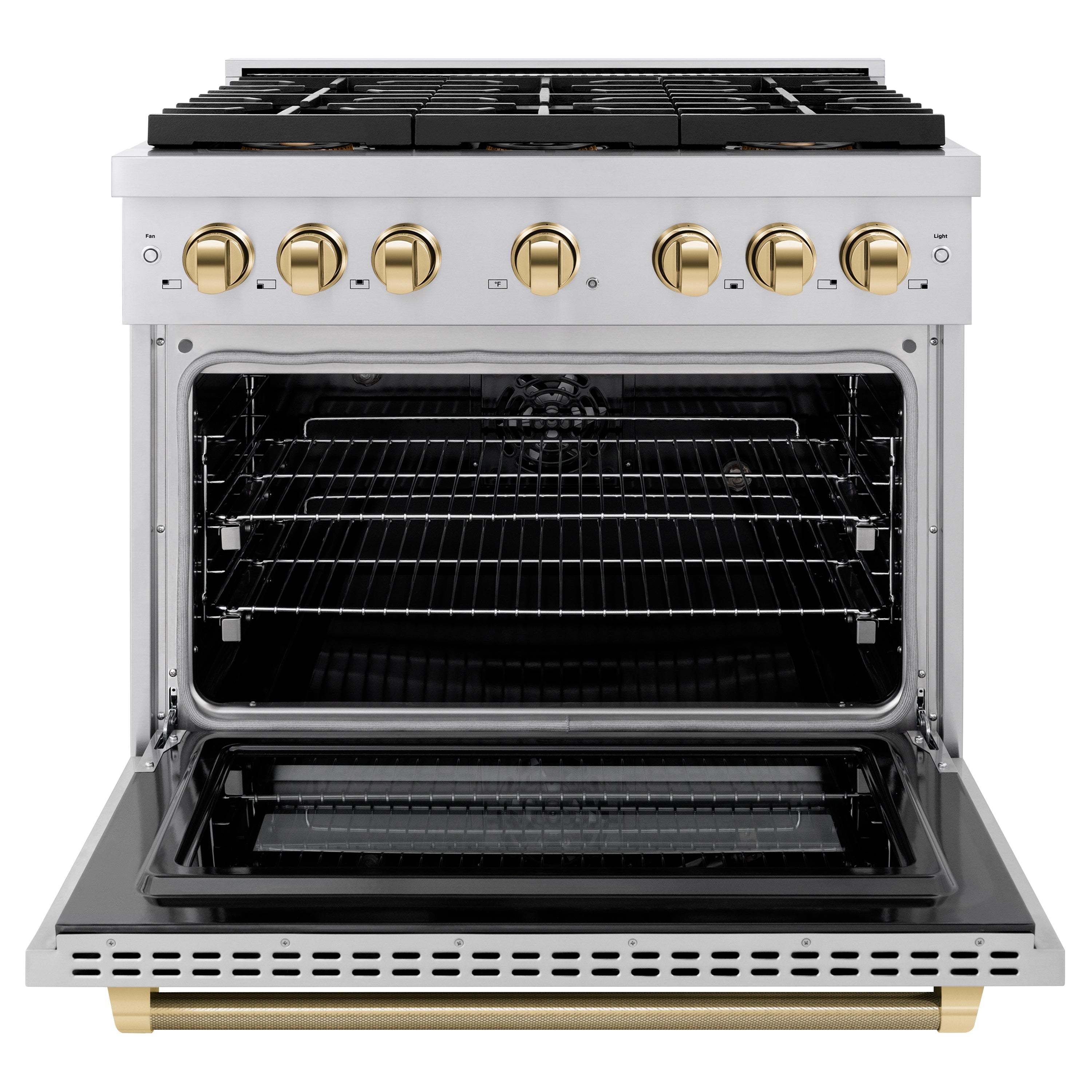 ZLINE Autograph Edition 36 in. 5.2 cu. ft. Paramount Dual Fuel Range with 6 Burner DuoPro™ Cooktop and Electric Convection Oven in Stainless Steel with Polished Gold Helix Handle and Accents (PSDRZ-36-KG)