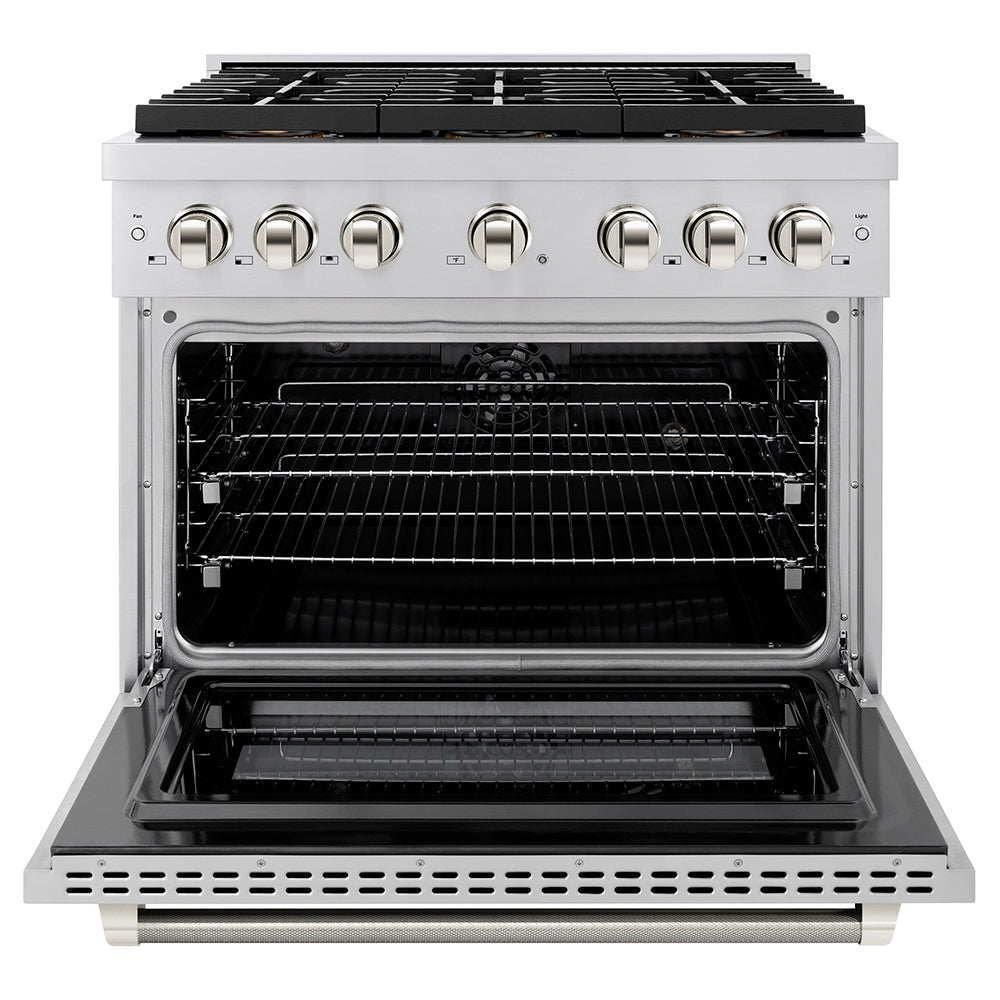 ZLINE Autograph Edition 36 in. 5.2 cu. ft. Paramount Dual Fuel Range with 6 Burner DuoPro™ Cooktop and Electric Convection Oven in Stainless Steel with Polished Nickel Helix Handle and Accents (PSDRZ-36-KPN)