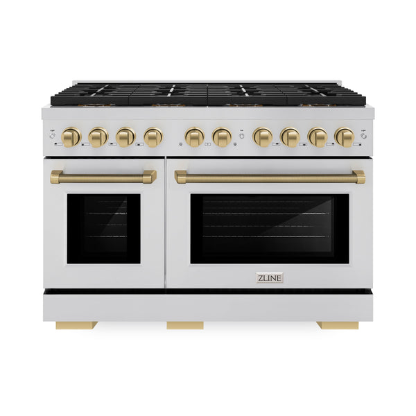 ZLINE Autograph Edition 48 in. 6.7 cu. ft. Paramount Dual Fuel Range with 8 Burner DuoPro™ Cooktop and Dual Ovens in Stainless Steel with Champagne Bronze Helix Handles and Accents (PSDRZ-48-KCB)