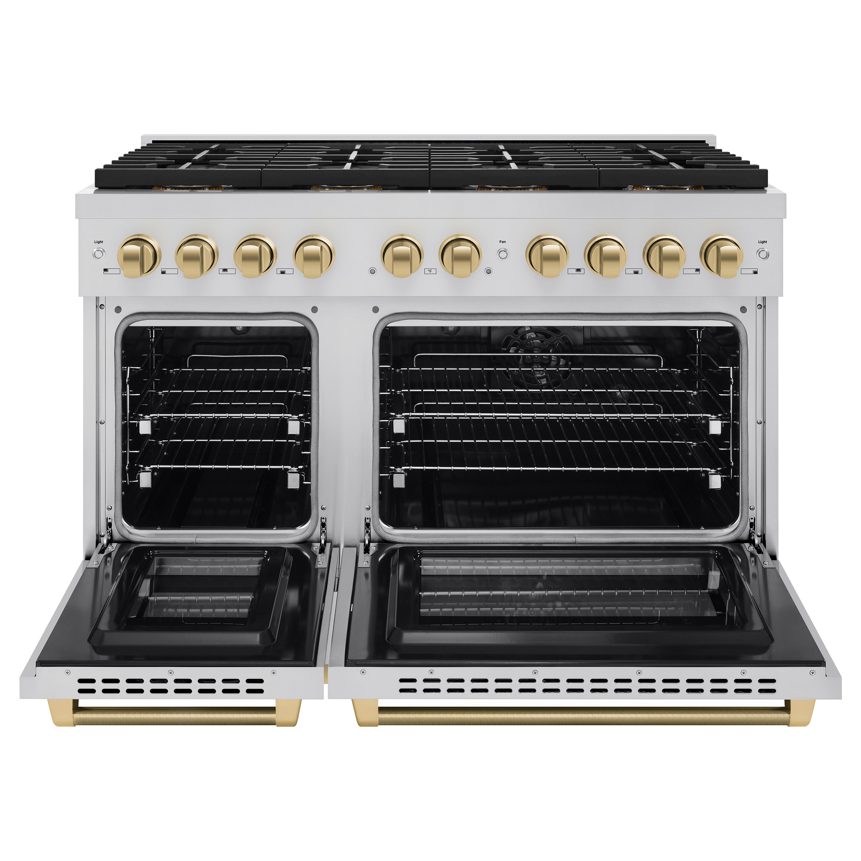 ZLINE Autograph Edition 48 in. 6.7 cu. ft. Paramount Dual Fuel Range with 8 Burner DuoPro™ Cooktop and Dual Ovens in Stainless Steel with Champagne Bronze Helix Handles and Accents (PSDRZ-48-KCB)
