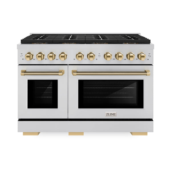 ZLINE Autograph Edition 48 in. 6.7 cu. ft. Paramount Dual Fuel Range with 8 Burner DuoPro™ Cooktop and Dual Ovens in Stainless Steel with Polished Gold Helix Handles and Accents (PSDRZ-48-KG)