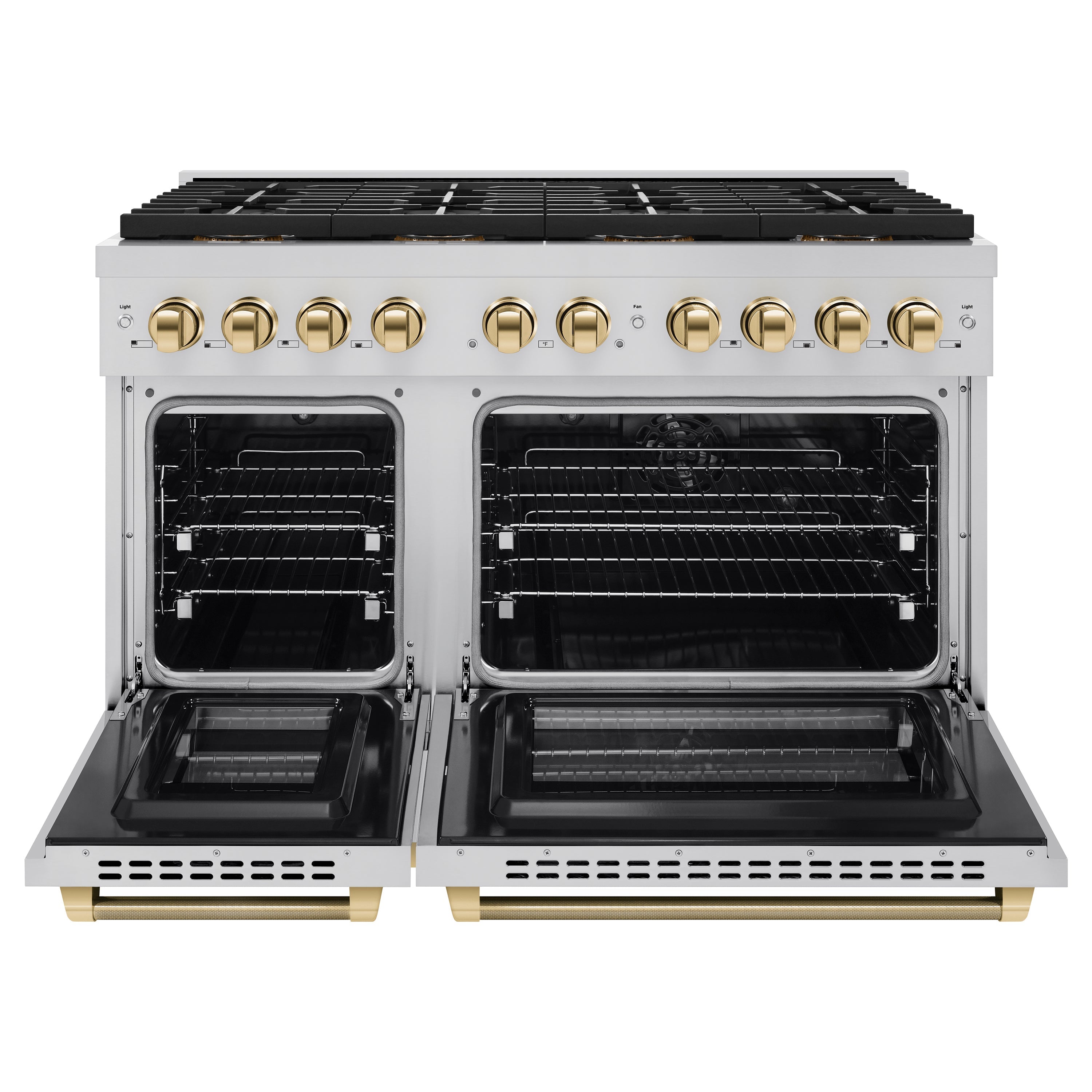ZLINE Autograph Edition 48 in. 6.7 cu. ft. Paramount Dual Fuel Range with 8 Burner DuoPro™ Cooktop and Dual Ovens in Stainless Steel with Polished Gold Helix Handles and Accents (PSDRZ-48-KG)