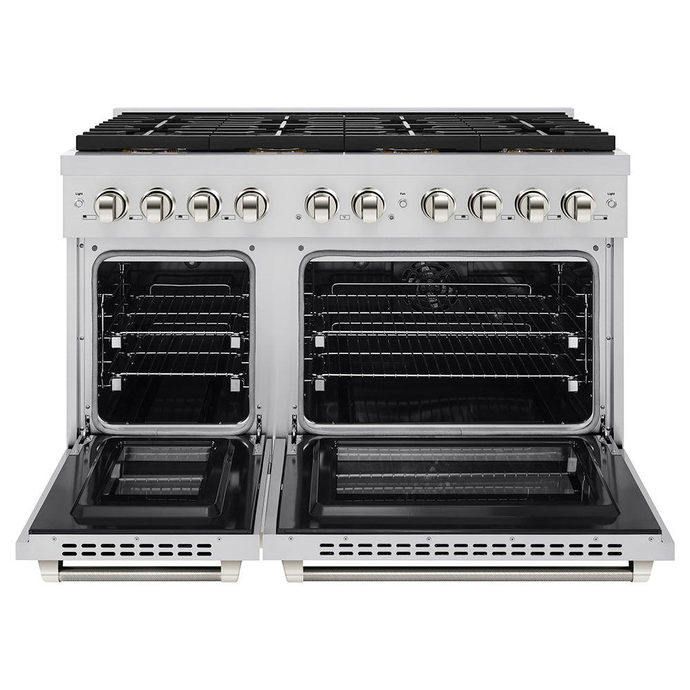 ZLINE Autograph Edition 48 in. 6.7 cu. ft. Paramount Dual Fuel Range with 8 Burner DuoPro™ Cooktop and Dual Ovens in Stainless Steel with Polished Nickel Helix Handles and Accents (PSDRZ-48-KPN)