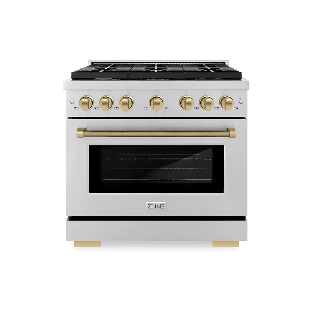ZLINE Autograph Edition 48 in. 6.7 cu. ft. Paramount Double Oven Gas Range with 8 Burner Cooktop in Black Stainless Steel and Polished Gold Helix Handles and Knob Accents (SGRBZ-48-KG)