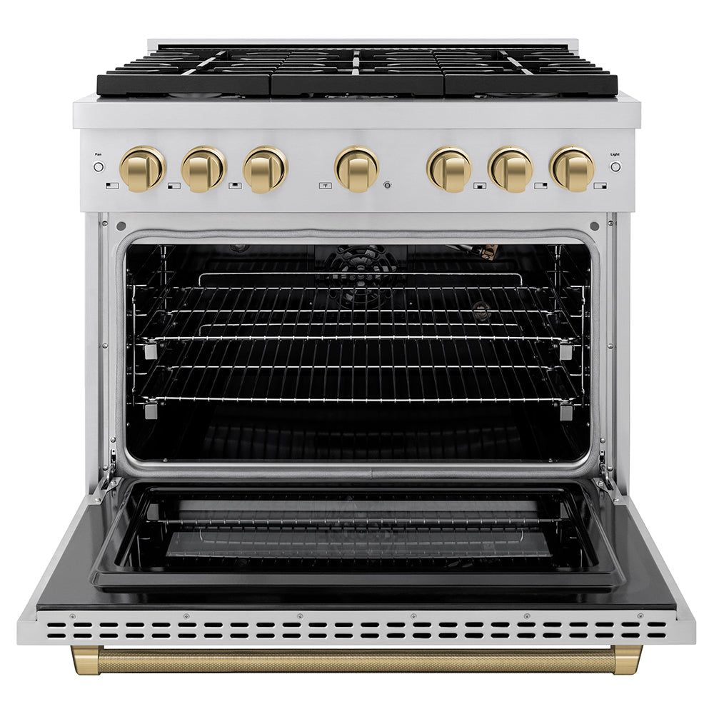ZLINE Autograph Edition 36 in. 5.2 cu. ft. Paramount Gas Range with 6 Burner Cooktop and Convection Gas Oven in Stainless Steel with Champagne Bronze Helix Handle and Knob Accents (SGRZ-36-KCB)