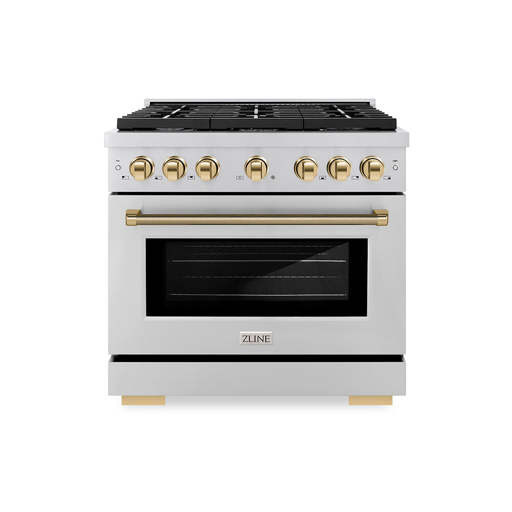 ZLINE Autograph Edition 36 in. 5.2 cu. ft. Paramount Gas Range with 6 Burner Cooktop and Convection Gas Oven in Stainless Steel with Polished Gold Helix Handle and Knob Accents (SGRZ-36-KG)