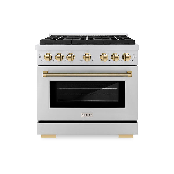 ZLINE Autograph Edition 36 in. 5.2 cu. ft. Paramount Gas Range with 6 Burner Cooktop and Convection Gas Oven in Stainless Steel with Polished Gold Helix Handle and Knob Accents (SGRZ-36-KG)