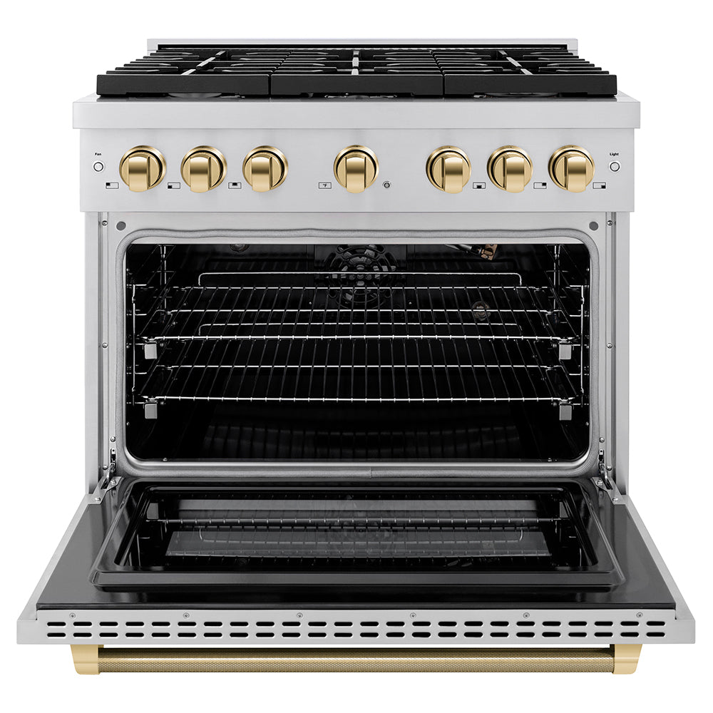 ZLINE Autograph Edition 36 in. 5.2 cu. ft. Paramount Gas Range with 6 Burner Cooktop and Convection Gas Oven in Stainless Steel with Polished Gold Helix Handle and Knob Accents (SGRZ-36-KG)