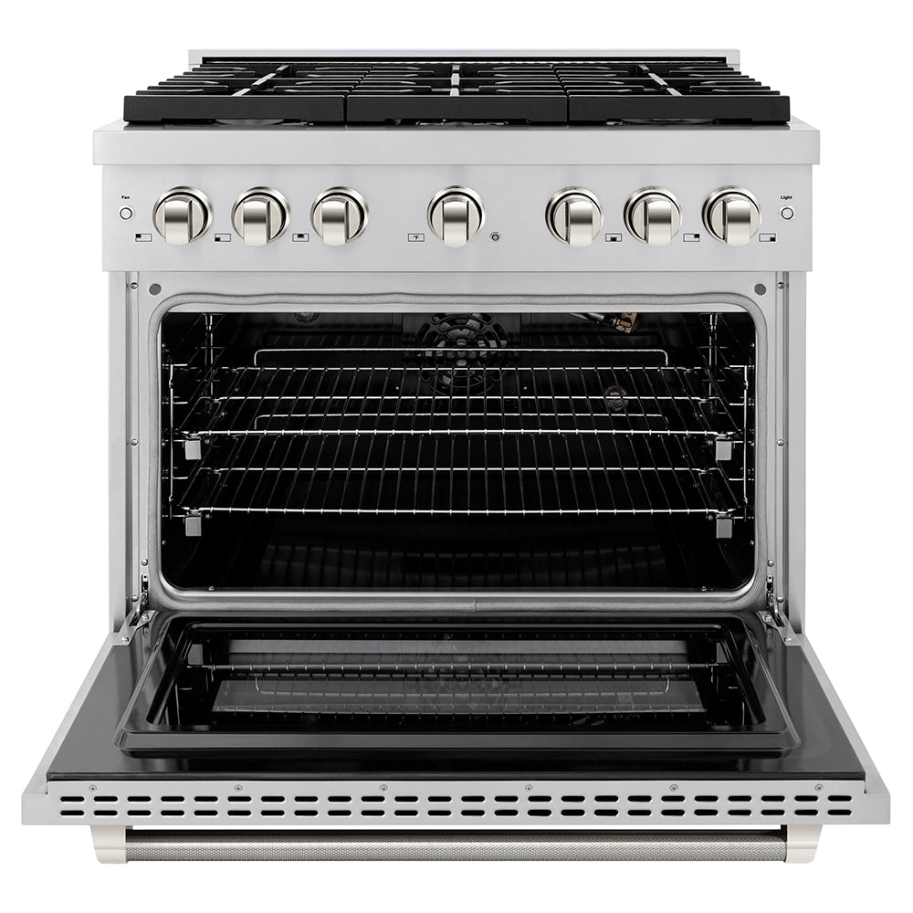 ZLINE Autograph Edition 36 in. 5.2 cu. ft. Paramount Gas Range with 6 Burner Cooktop and Convection Gas Oven in Stainless Steel with Polished Nickel Helix Handle and Knob Accents (SGRZ-36-KPN)