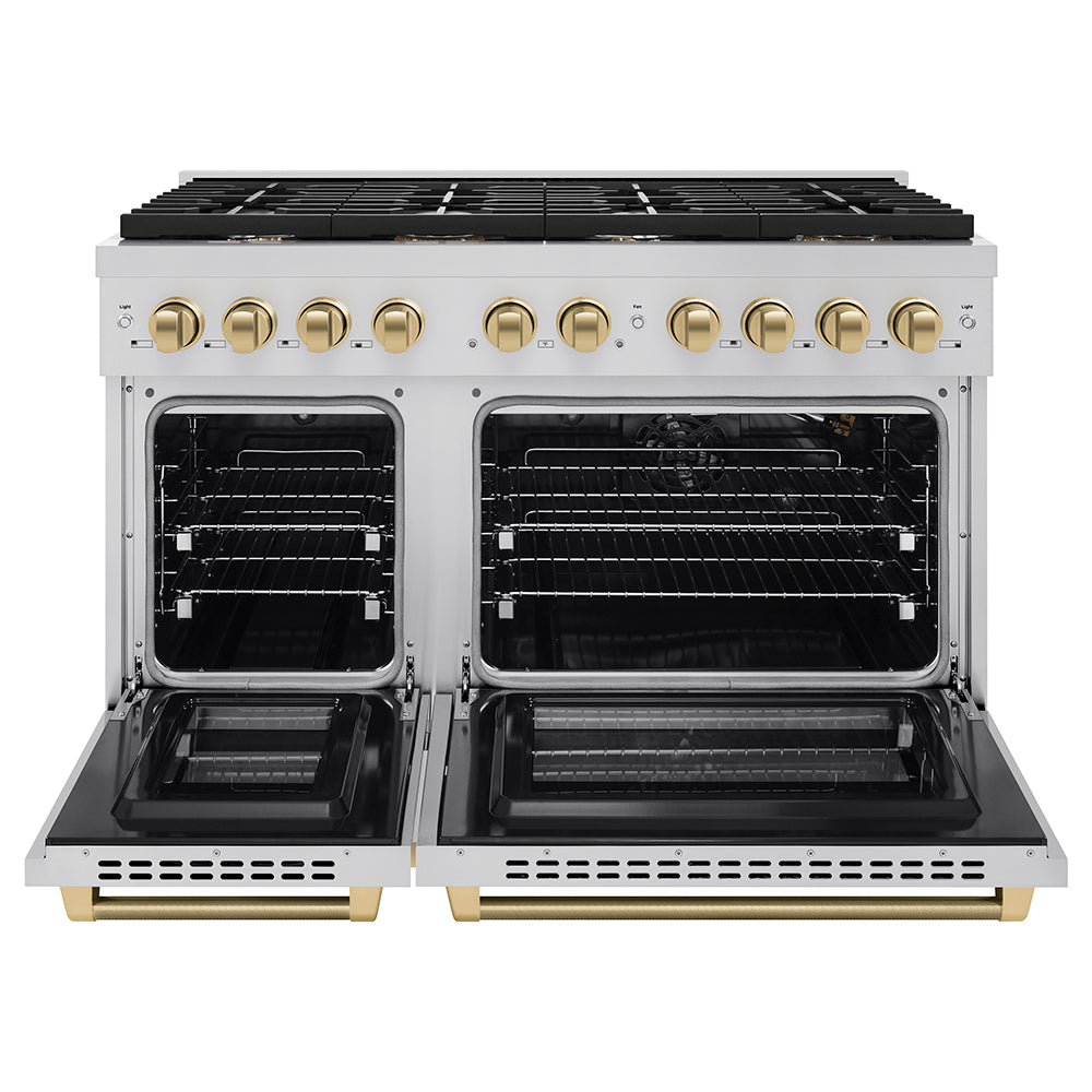ZLINE Autograph Edition 48 in. 6.7 cu. ft. Paramount Double Oven Gas Range with 8 Burner Cooktop in Stainless Steel and Champagne Bronze Helix Handles and Knob Accents (SGRZ-48-KCB)