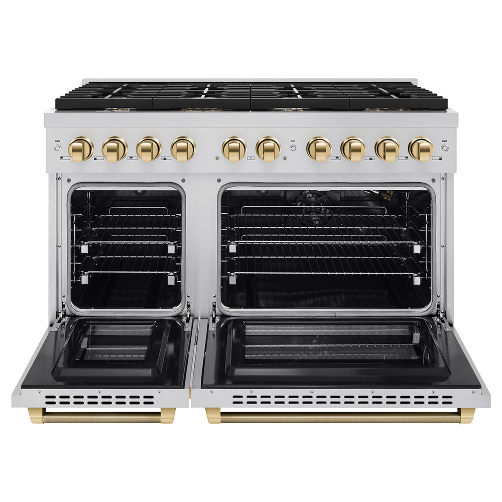 ZLINE Autograph Edition 48 in. 6.7 cu. ft. Paramount Double Oven Gas Range with 8 Burner Cooktop in Stainless Steel and Polished Gold Helix Handles and Knob Accents (SGRZ-48-KG)